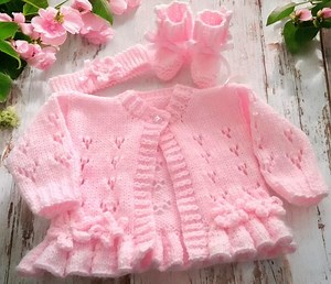 Hand Knitted Baby Cardigan Set: Frilly Outfit, Headband, Booties & Mittens - Etsy