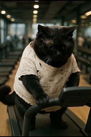Cat training with dumbbells at the gym.