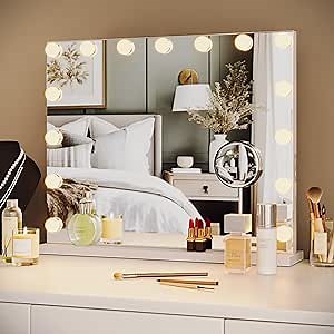 Vanity Mirror with Lights, 23" x 18" Makeup Mirror with Lights, Hollywood Lighted Vanity Mirrors with 15 Dimmable LED Bulbs, 3 Color Modes, Light up Mirror with Touch Control for Bedroom, Tabletop