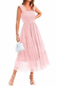 PRETTYGARDEN Women's Midi Tulle Dress Sleeveless Smocked Square Neck Ruffle Flowy Party Wedding Guest Sundress