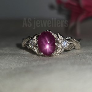Natural Star Ruby Ring: Sterling Silver Twist Band, Mossianite Diamond Accents - Etsy