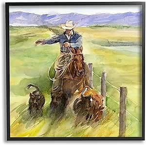 Stupell Industries Cowboy with Cattle Watercolor Framed Giclee Art by John Keeling