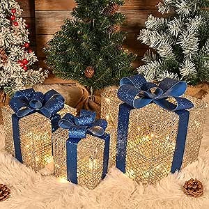 Christmas Lighted Gift Boxes, Set of 3 With 50 LED Lights for Outdoor Indoor Christmas Decorations, Porch, Yard and Tree Display