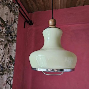 70s Space Age Milk Glass Pendant Light | Vintage Chrome Wood Lamp - Etsy