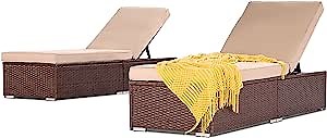 Lounge Chairs Outdoor, 2 Piece Outside Lounge Chairs Wicker Adjustable Reclining Chairs for Pool with Removable Cushion, Beige
