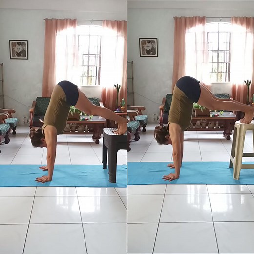 4.5K views · 55 reactions | Experiment with various chair heights, half-tucking your leg and from split to straight, to find out which entry is easier and which is more difficult. 露 #letletyoga #yoga #yogaeverydamnday #yogaandhandstand #handstand #handstandjourney #fitnessjourney #fitnesslifestyle #fitmom #furmom | Letlet Yoga | Facebook