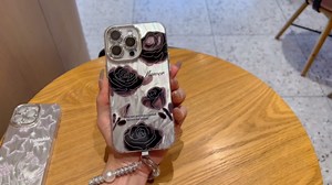 Bling Case for iPhone 16 Pro Max, with Diamonds Pearl Bracelet Chain, Tempered Glass Lens Protection, Cute Shockproof Protective Cover for Women & Girls- Black Rose