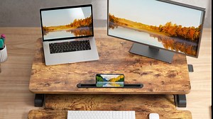 FEZIBO Standing Desk Converter, 32 Inch Height Adjustable Desk Riser with Deep Keyboard Tray, Sit Stand Desk for Home and Office, Modern Ergonomic Computer Workstation, White