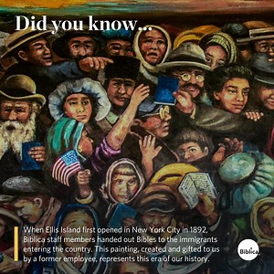 15 reactions | Did you know that when Ellis Island first opened in New York City in 1892, Biblica staff members handed out Bibles to the immigrants entering the country? This painting, created and gifted to us by a former employee, represents this era of our history. | Biblica | Facebook