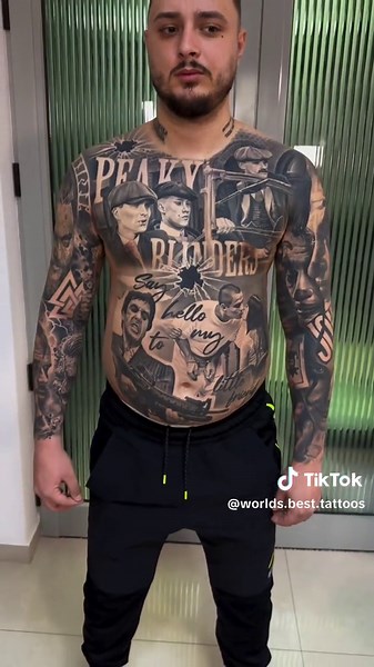 Black and gray full torso sleeves full body gangster mafia Joker Scarface themed tattoo tattoo artist - Chirca #tattooartist #fullbodytattoo #torsotattoo #stomachtattoo #tattooideas #tattoosformen #tattooideasformen #mafia #gangster #scarface #joker #realistictattoo #blackandgraytattoo