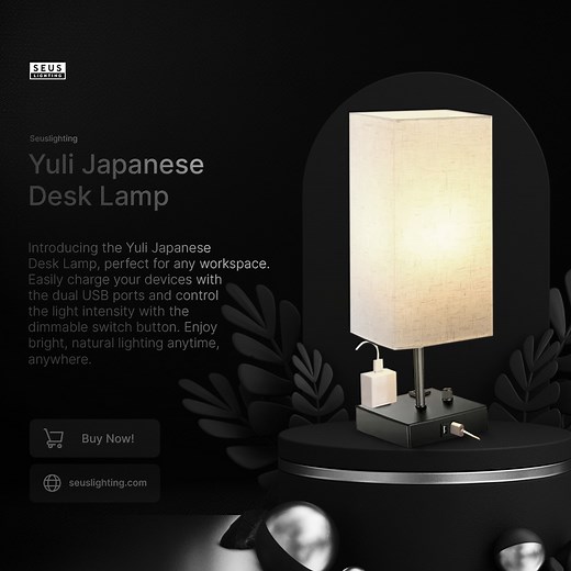 Yuli Japanese Desk Lamp ✨ Introducing the Yuli Japanese Desk Lamp, perfect for any workspace. Easily charge your devices with the dual USB ports and control the light intensity with the dimmable switch button. Enjoy bright, natural lighting anytime, anywhere. 朗 seuslighting.com f #japaneselamp #japanlamp #japanesedesklamp #yulijapanesedesklamp #seuslighting | Seus Lighting | Facebook
