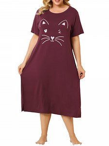 Unique Bargains Women's Plus Nightgown Short Sleeve Cat Print Nightshirt