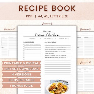 Recipe Book Template Printable, Recipe Binder, Cookbook Journal, Recipe Card, Blank Recipe Page, A4/letter/a5, Instant Download PDF - Etsy