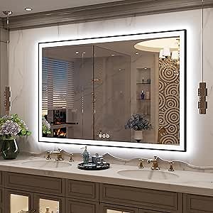 60x40 Large Light Bathroom Mirror - Backlit and Front Lighted LED Wall-Mounted Vanity Mirror Modern Rectangle Black Mirror, Dimmable, Anti-Fog, Memory, Shatterproof, ETL Listed (Horizontal/Vertical)