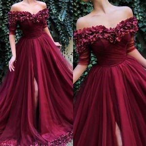 [Hot Item] Carmine Prom Dresses off Shoulder Handmade Rose Petals Tulle Evening Dresses Z1014