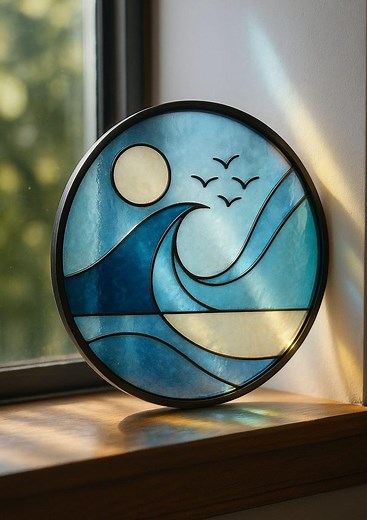 Ocean Wave Stained Glass Pattern PDF – Round Beach Scene Template for DIY Suncatcher | Artkilyy Design - Etsy