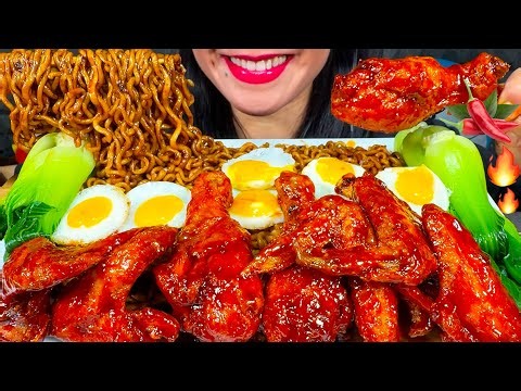 ASMR BLACK BEAN NOODLES, SPICY CHICKEN WINGS, EGGS, BOK CHOY MASSIVE Eating Sounds