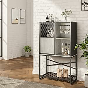 Wine Bar Cabinet with Wine Glass Rack Liquor Cabinet Mini Bar with Sliding Door and Open Shelf for Home Bar (Grey)