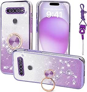 for LG K51 Phone Case, Case for LG Reflect Cute TPU Soft Slim Pink Cover for Girls Women with Ring Stand Strap Lanyard Shockproof Protective Case for LG Q51. (Purple)