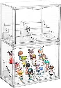 Figure Display Case with Risers Display Stands Acrylic Display Case with Magnetic Door for Collectibles Mini Figure Popmart Acrylic Collectibles Showcase (2 Pack)