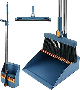 Broom and Dustpan Set for Home, 180° Rotating Broom Combo with Comb Teeth, Foldable Stand Dust Pans, Long Handle Broom and Dustpan Combo Set for Cleaning Kitchen Room Office Lobby Floor (Blue)
