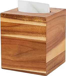 GinSent Tissue Box Cover Square,Acacia Wood Tissue Box Holder with Slide-Out Bottom,Wooden Tissue Holder for Bathroom,Bedroom,Dinner Table,Kitchen,Office