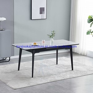 [Hot Item] Modern Minimalist Rectangular Extendable Sintered Stone Dining Table Set with Light Grey Marble Table Top Solid Ash Wood Frame