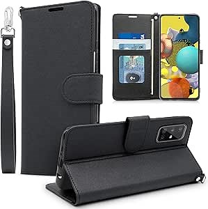 Double-N for Samsung A51 Case, Premium PU Leather Samsung Galaxy A51 Wallet Case, Flip Folio Shockproof Cover with Wrist Strap Card Holder Kickstand for Samsung A51 (Black)