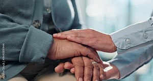 Hands, person and doctor support in grief or compassion, hospital psychologist and help patient. Sorry, stress and physician empathy for cancer diagnosis, touch and consultation service for anxiety