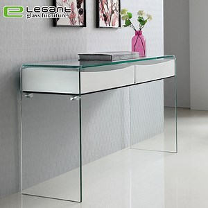 [Hot Item] Bent Glass Console Table with Glass Shelf and High Gloss White Painting MDF Drawers