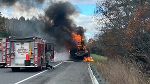 Crews battle cement truck fire on Interstate 95 in Carmel