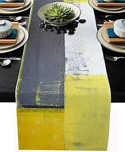 Yellow Grey Table Runner 120 Inches Long,Cotton Linen Modern Grunge Square Kitchen Dinner Dining Table Runners Decor,Burlap White Holiday Gray Outdoor Tablerunner for Coffee/Dresser/Dining/Party Table