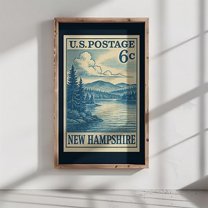 New Hampshire Postage Stamp Art Print | Engraved Style Lake and Forest Poster | Mid-century Blue & Cream New England Wall Art - Etsy