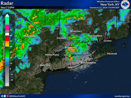 RADAR UPDATE 7:52 AM: One last round of showers and thunderstorms is expected to impact the area over the next few hours, approaching as a line from the west. We'll see drier weather settle in late tonight, into tomorrow. | US National Weather Service New York NY