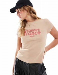 ASOS DESIGN rib baby tee with cannes france graphic in camel | ASOS