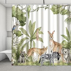 72 x 72 Inches Tropical Jungle Animals Shower Curtain Green Leaves Girl Boy Bathroom Decorations Supplies Kangaroo Koalas Zebra Bathtub Decor