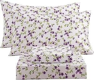 Bedlifes Queen Sheet Set Ultra Soft Breathable Silky Flower Bed Sheets Deep Pocket 100% Microfiber Bedding Sheets 4 Piece Queen Size Purple Floral Patterned, White