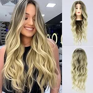 NLIEOPDA Blonde Ombre Long Wavy Wig for Women 26 Inch Middle Part Lace Front Natural Feel Hair Wigs Synthetic Fiber Curly for Work Party Date and Other Daily Life