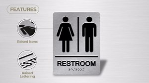 ADA Braille Unisex Bathroom Sign with Double Sided 3M Tape (Pack of 2) - Aluminum unisex bathroom signs for Business 6” x 8” for Offices and Restaurants