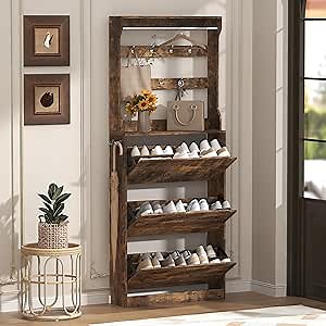 Tall Shoe Cabinet with Coat Rack, Hidden Shoe Storage Cabinet with Doors & Drawer, Hanging Bar & Hooks, Slim Narrow Freestanding Shoe Rack Organizer for Entryway, Hallway & Living Room, Brown