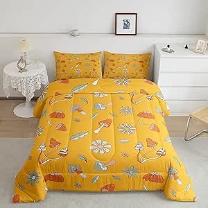 Castle Fairy Retro Hippie Mushroom Queen Size Comforter Set,Groovy Flowers Floral Bedding Set with 2 Pillowcases,Yellow Boho Trippy Breathable Polyester Bedding Comforters