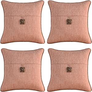 Outdoor Decorative Pillows with Coconut Button Pack of 4, 16" x 16" Outdoor Pillow Set for Couch Bed Throw Patio Sofa, Light Lotus Red