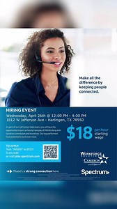 LOOKING FOR A JOB? Spectrum is hiring call center sales representatives! Don’t miss their hiring event at Workforce Solutions Cameron in Harlingen HAPPENING TODAY! TIME: 12PM - 4PM DATE: Wednesday, April 26th, 2023 PLACE: 1812 West Jefferson Ave, Harlingen, TX 78550 Join the Spectrum team and earn an hourly base pay of $18.00 along with lucrative commission and incentives! See video for more details! | Workforce Solutions Cameron | Facebook
