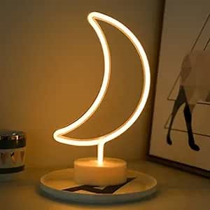 Neon Moon Shaped Warm White Light LED Neon Signs Night Light Room Decor Light with Holder Base Table Neon Light for Bedroom Gift - Plug Into Wall USB (MOON)