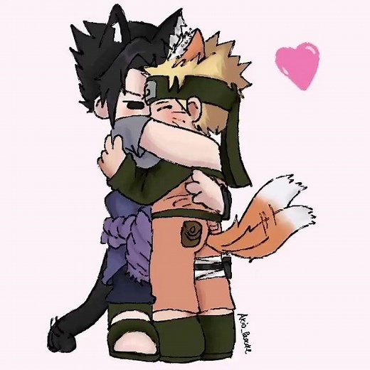 SasuNaru Nyaruto: Naruto and Sasuke cat boy and Fox Boy hug - NaruSasu