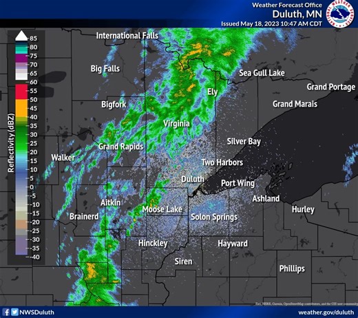 1045 AM Radar Update: Rain showers and a couple of embedded thunderstorms will continue to move northeast across the area late this morning and into the afternoon. Smoke will move in behind the rain activity. #mnwx #wiwx | US National Weather Service Duluth Minnesota