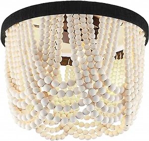 Boho Wood Beaded Chandelier, Rustic Semi Flush Mount Ceiling Light, Beaded Chandelier Light Fixture, 3 Light Baby Girl Nursery Light Fixture for Bedroom Hallway Kitchen Island