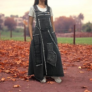 Black Recycled Denim Patchwork Unisex Dress Adjustable Buttons - Etsy