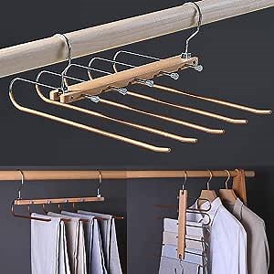 Foldable Space Saving Pants Hangers, Stainless Steel & Wooden Trouser Rack, Non-Slip 5 Layers Jeans Hanger for Closet Organizer (Golden)
