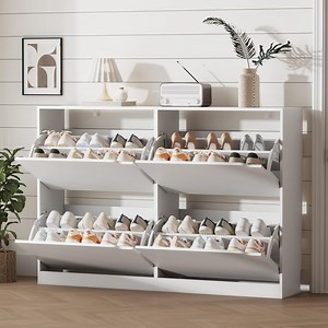 FANRAL Shoe Storage Cabinet with 4 Flip Drawers,47" Wide Wood Shoe Rack Organizer,Narrow Freestanding Shoe Cabinet for Entryway Hallway,White